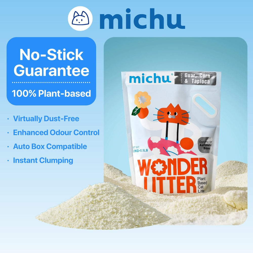Arena para gatos Michu Wonder, gránulos pequeños para distribución uniforme y uso eficiente.
