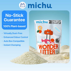 Arena para gatos Michu Wonder, gránulos pequeños para distribución uniforme y uso eficiente.