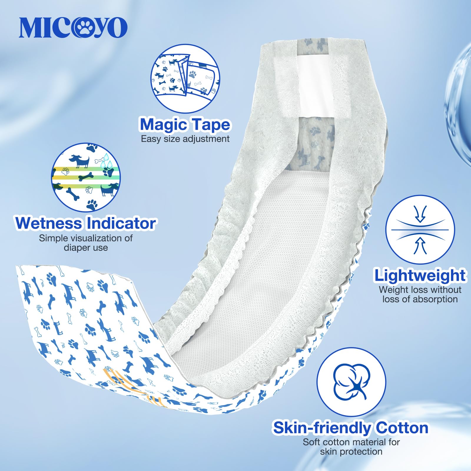 MICOOYO pañales para perros con ajustes ajustables para un ajuste cómodo.