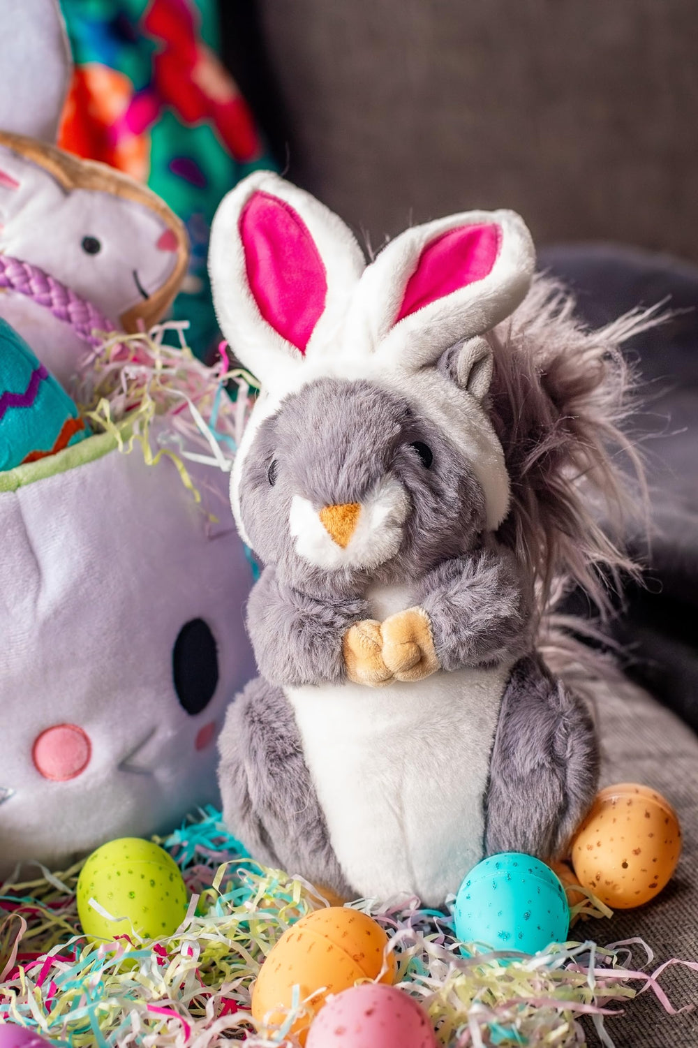 Textura suave de peluche Midlee ardilla-conejo, tacto cómodo para perros grandes.