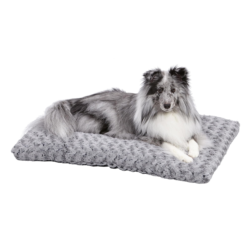 MidWest QuietTime Deluxe cama para mascotas gris ombre, vista frontal, descanso estable en jaula