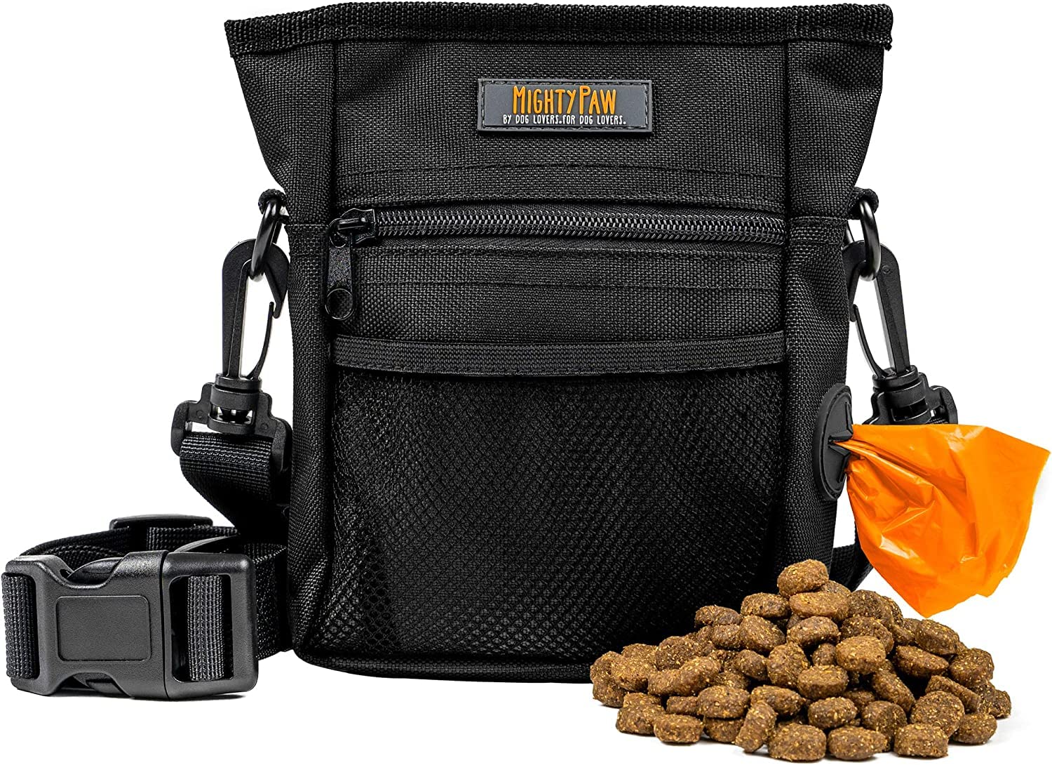 Mighty Paw bolsa de premios para perros, cierre magnético sin derrames.