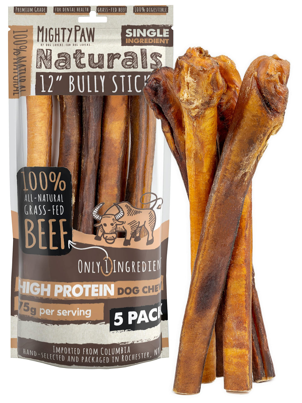 Mighty Paw Naturals Bully Sticks: res alimentada con pasto para perros grandes, sabor natural.