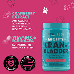 Mighty Paw Cran-Bladder promueve la salud urinaria y renal con ingredientes naturales.