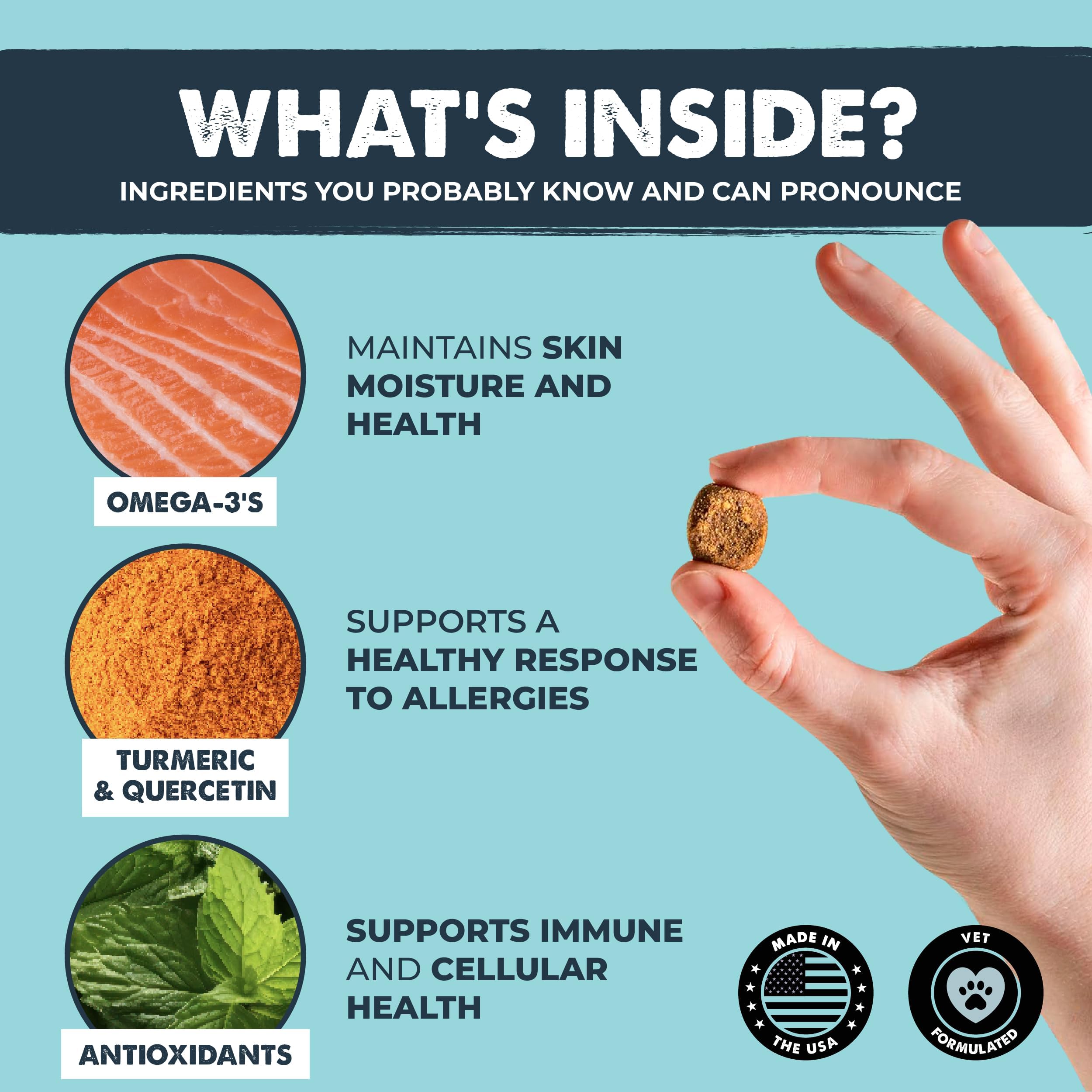 Etiqueta de Mighty Paw Waggables con ingredientes clave y beneficios.