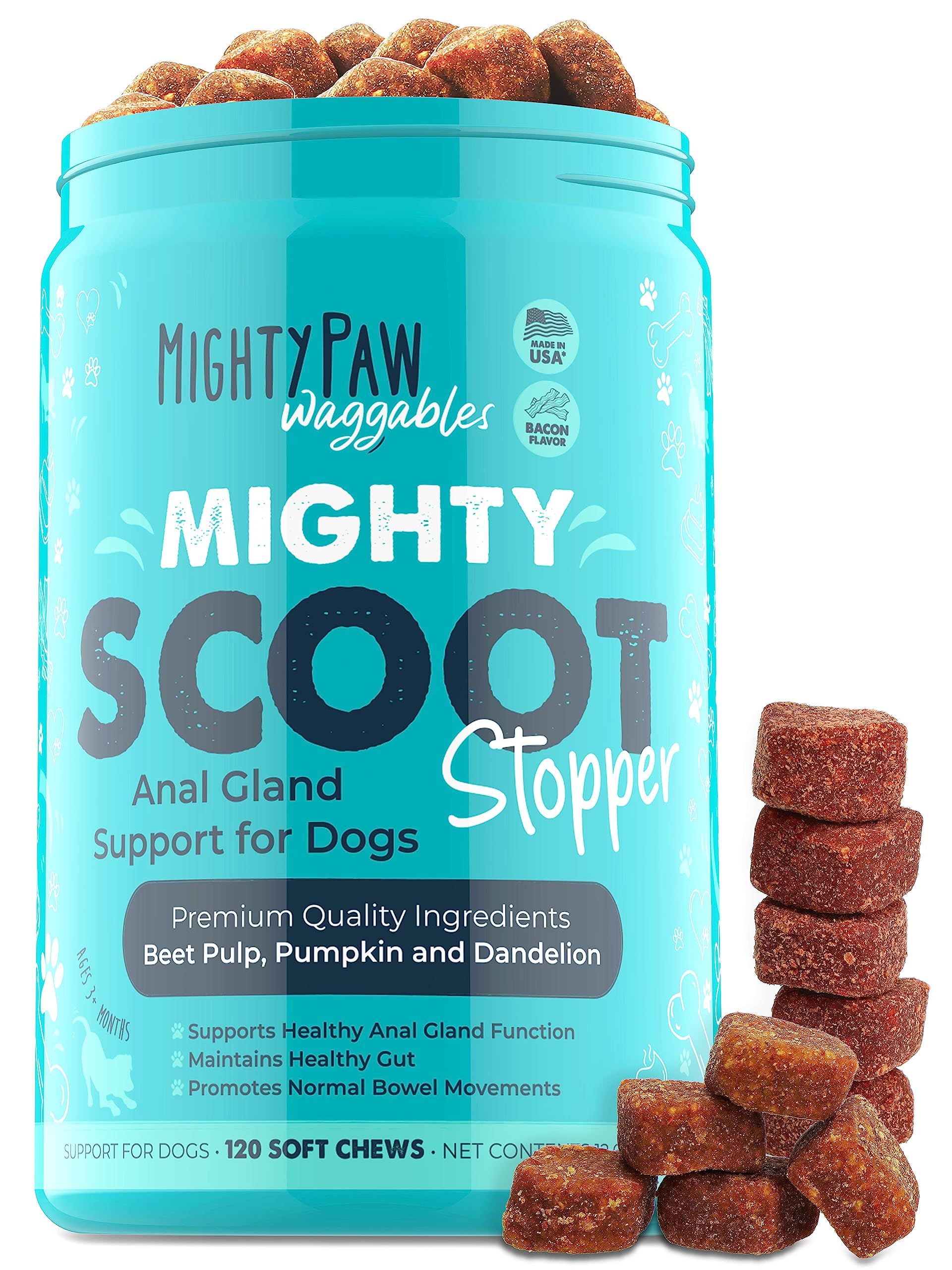 Mighty Scoot en frasco, masticables para apoyo digestivo en perros