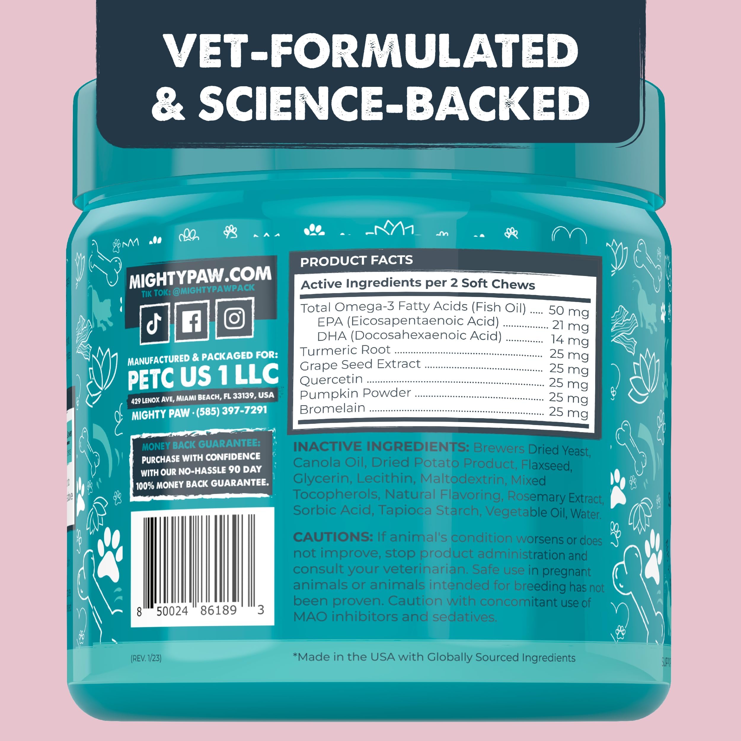 Omega-3, cúrcuma y quercetina en Mighty Paw Waggables para piel y pelaje.