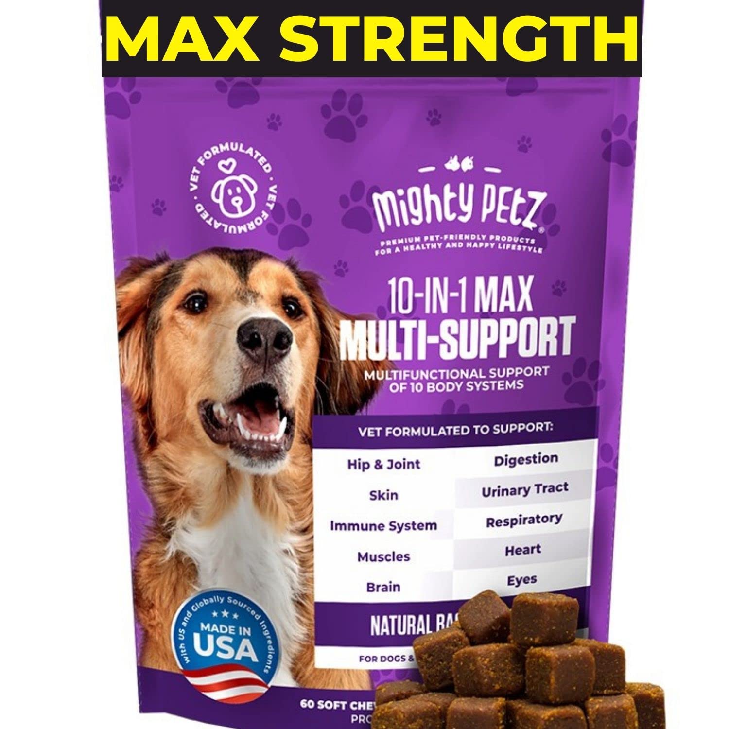 Mighty Petz MAX: botella de multivitaminas para perros, ideal para uso diario.