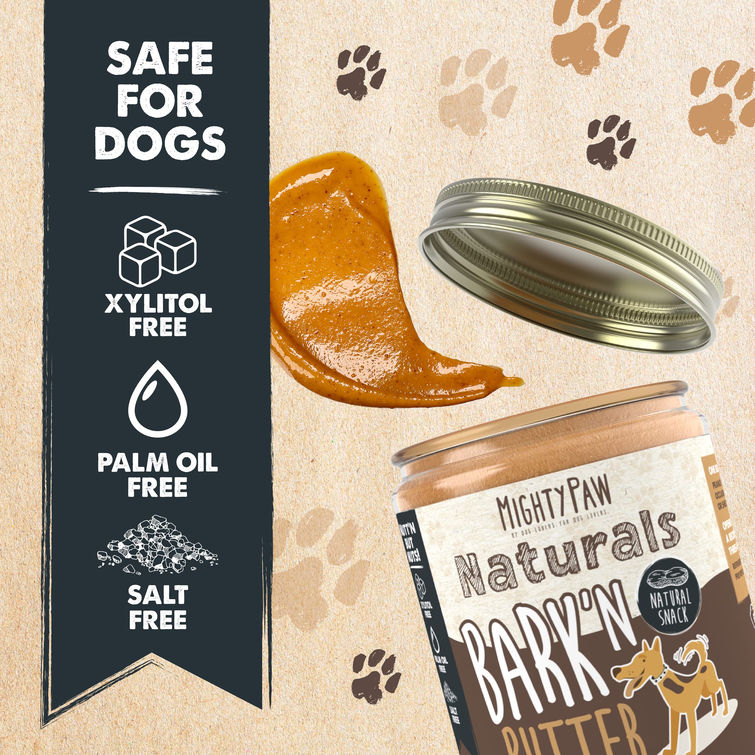 Textura cremosa de Bark'n Butter, fácil de untar para mascotas.