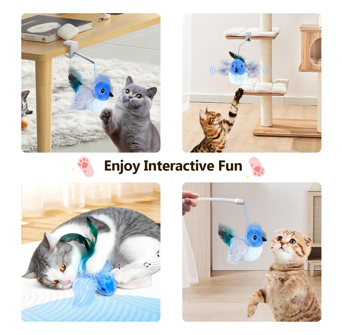 Migipaws pájaro con plumas colgante para gatos que persiguen y se ejercitan.