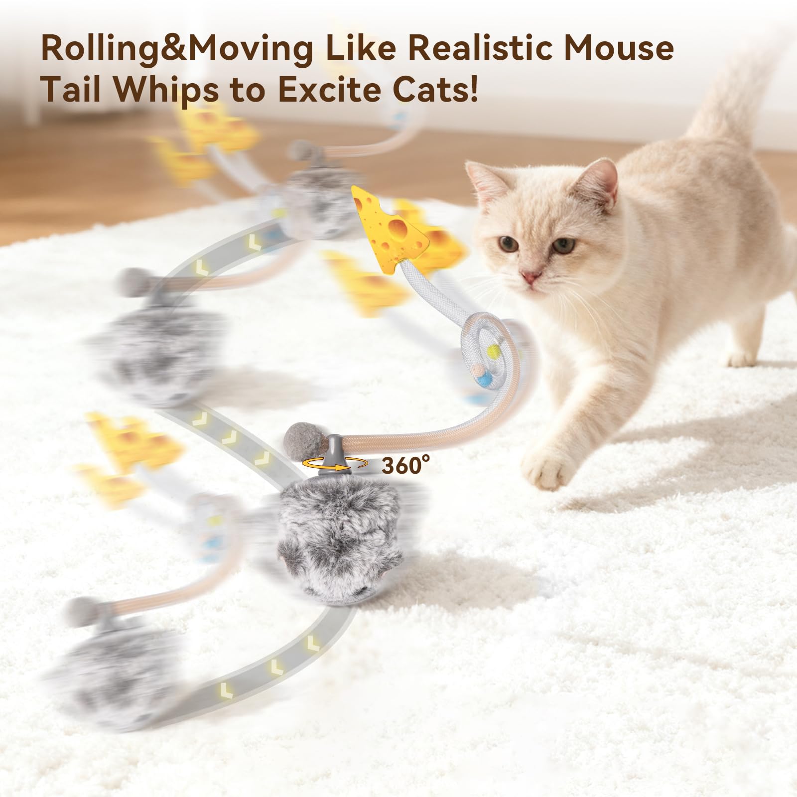 Migipaws MigiMouse giro con cola móvil, diversión dinámica para gatos activos.