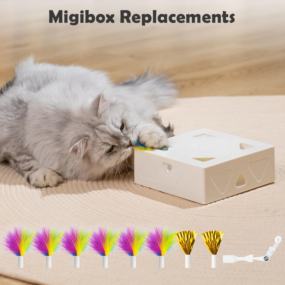 Migipaws plumas arcoíris en el juguete, ideal para atraer la atención del gato.