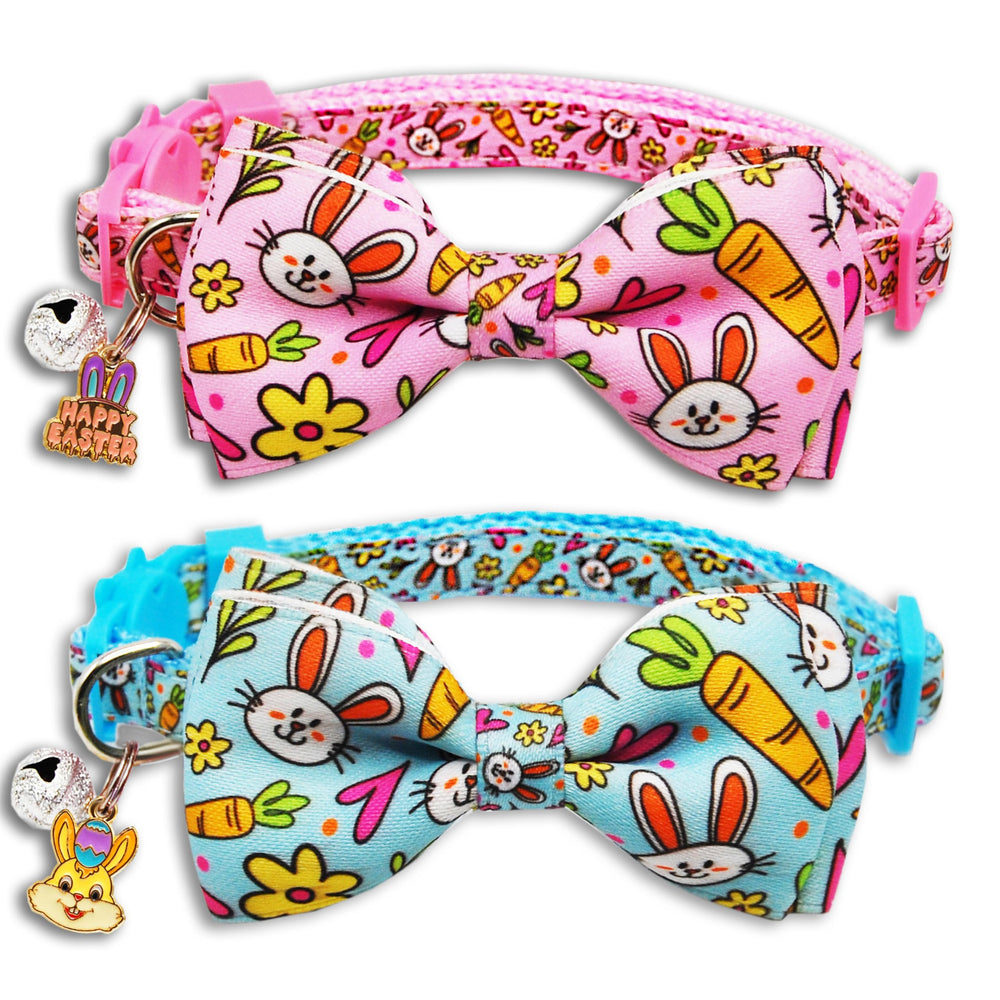 Collar Miiemiu rosa de Pascua con lazo y campana para gatos, ideal para fotos festivas.