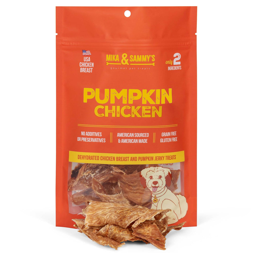 Mika y Sammy's Gourmet: tiras deshidratadas de pollo con calabaza, snack sabroso para perros.