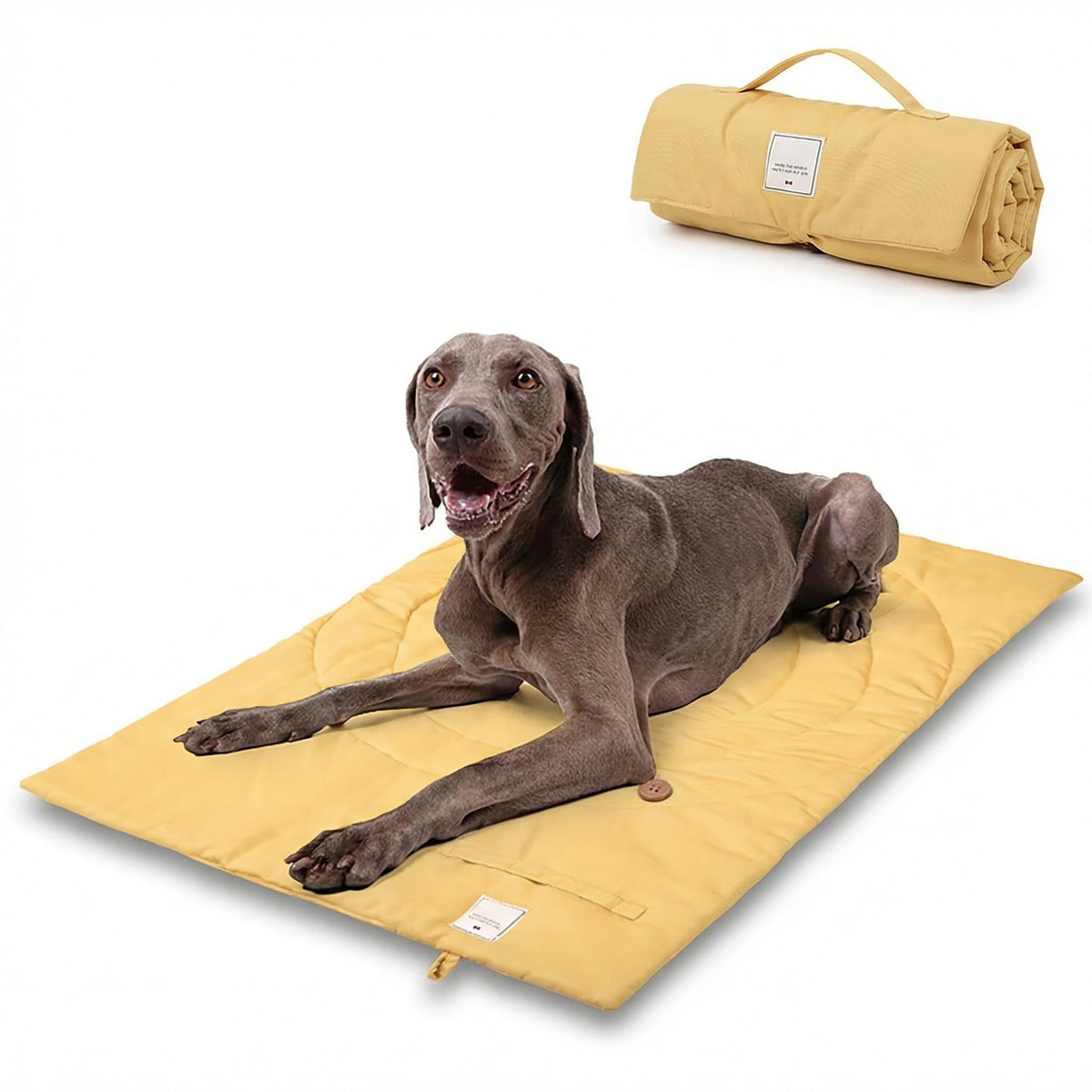 Cama de viaje MikooMikoo para perro en color amarillo, ideal para descansar durante viajes.
