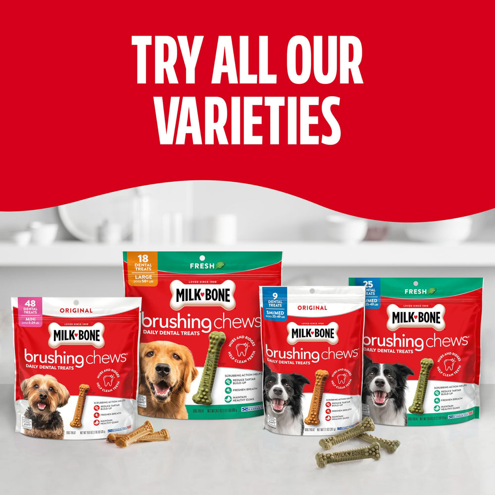 Milk-Bone Brushing Chews Original sabor pollo, calcio para huesos fuertes.