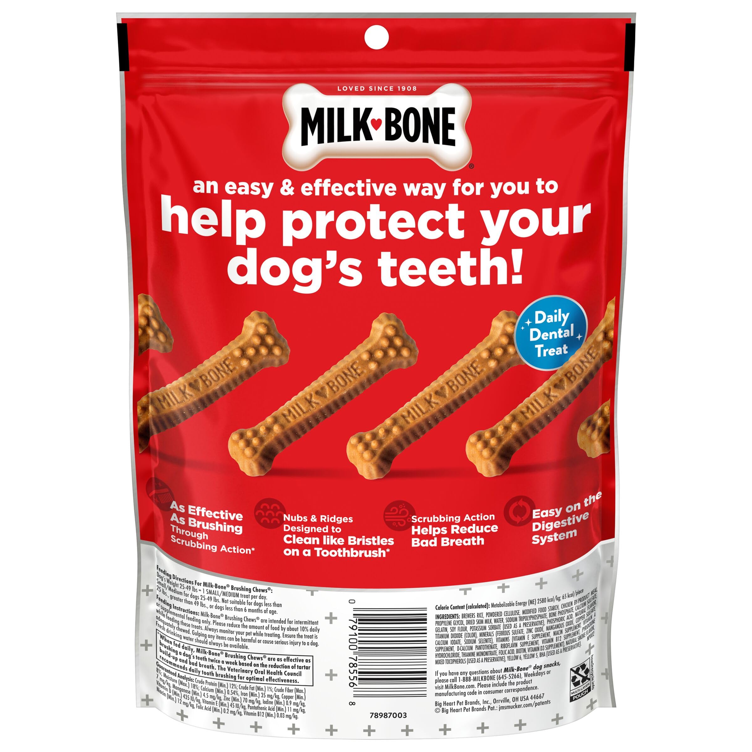 Milk-Bone Brushing Chews uso diario para cuidado dental práctico.