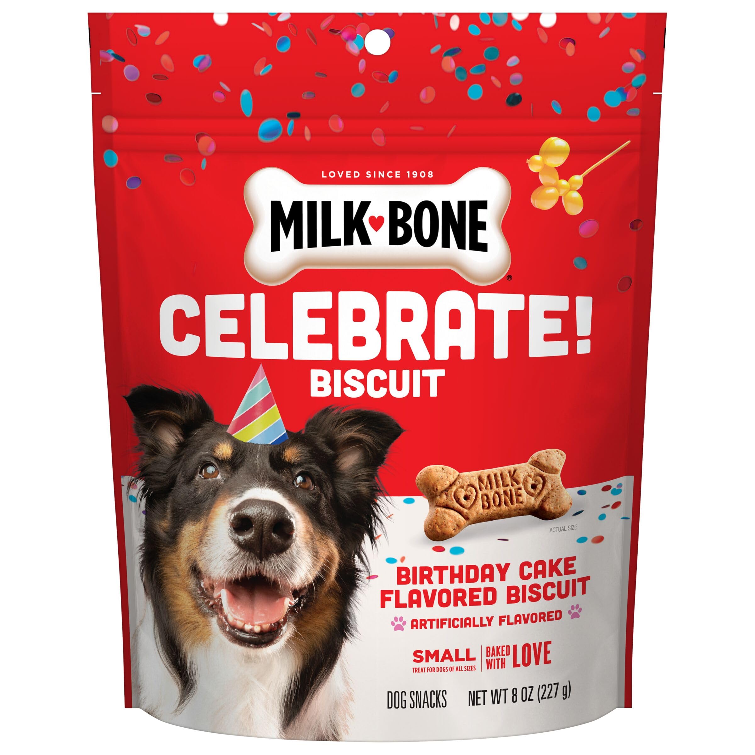 Milk-Bone Celebrate galletas pequeñas para perros en bolsa de 8 onzas, ideal para cumpleaños.