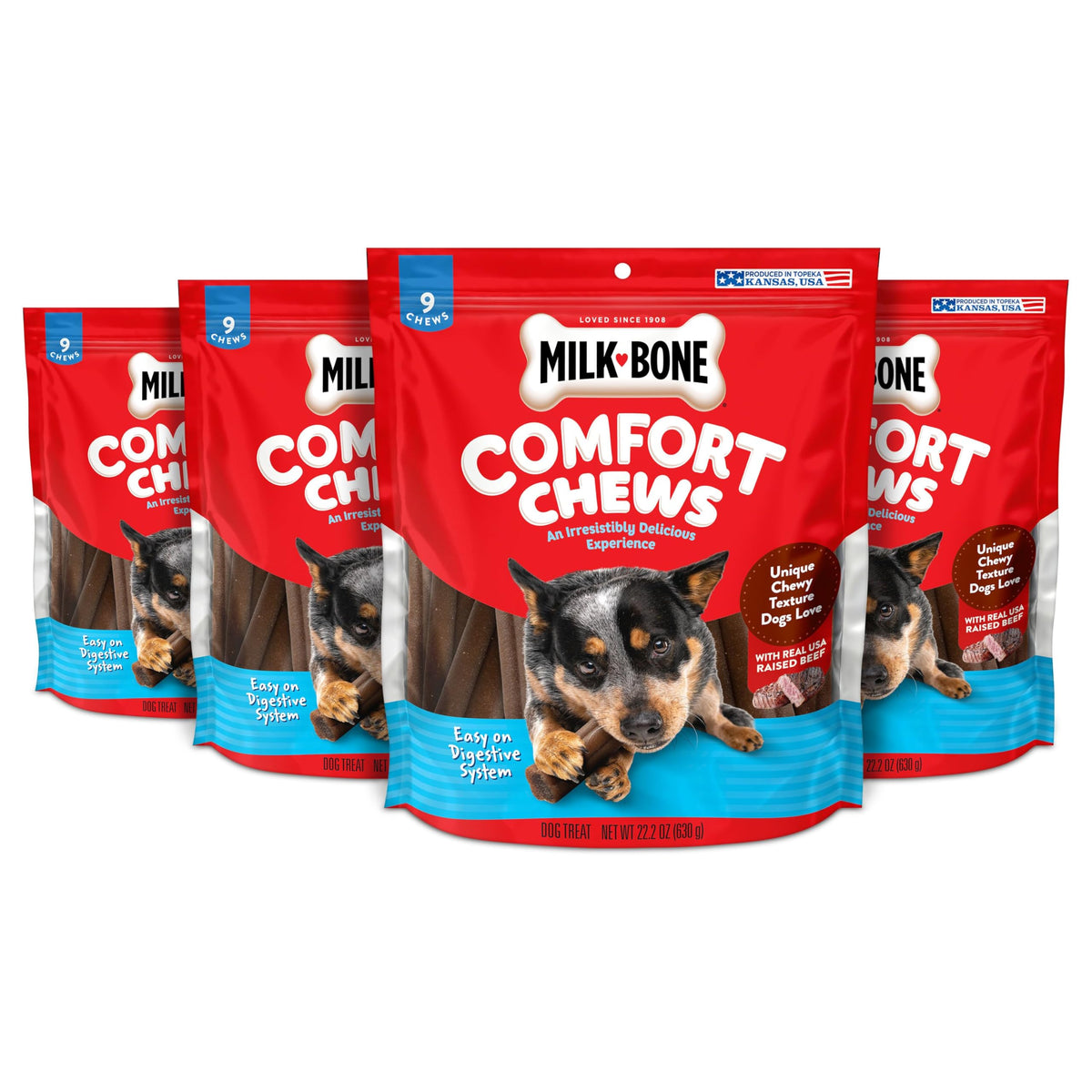Milk-Bone Comfort Chews: empaque con cuatro bolsas para facilitar el reabastecimiento
