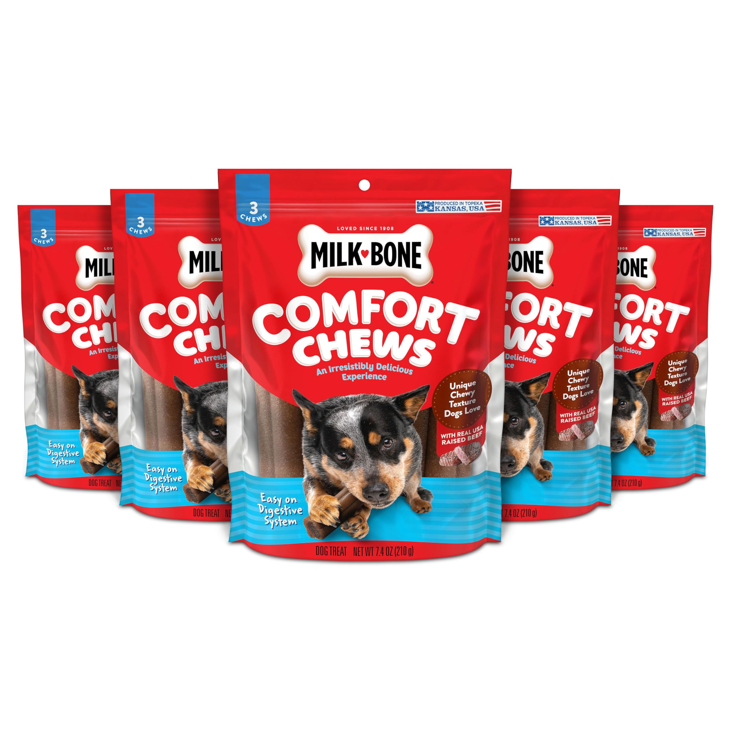 Milk-Bone Comfort Premios: textura masticable a la vista en empaque, ideal para recompensa diaria.