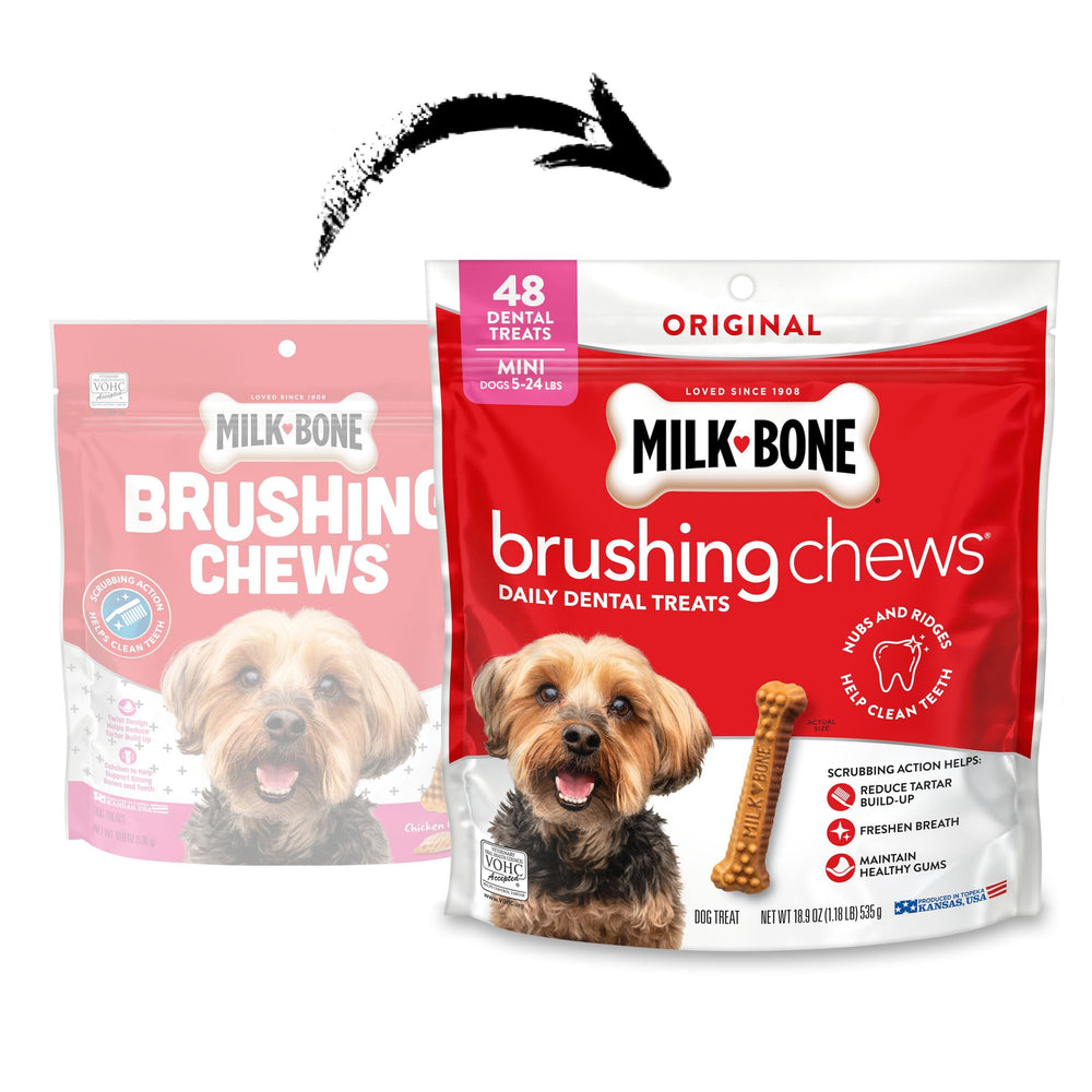Milk-Bone Brushing Chews mini para perros 5–24 lb, sabor pollo, aliento más fresco.