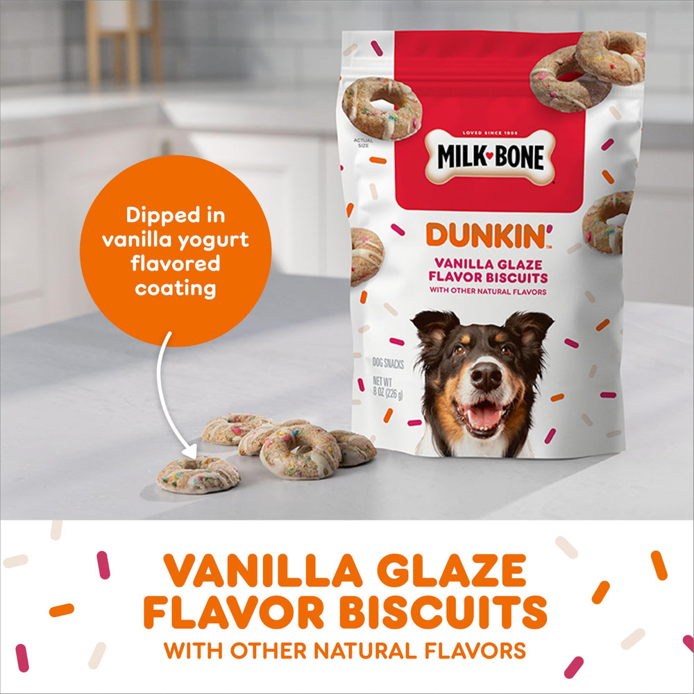 Milk-Bone Dunkin: cobertura de yogur con vainilla, sabor delicioso para perros.