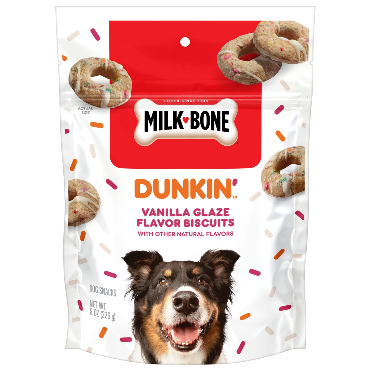 Milk-Bone Dunkin: galleta dona glaseada de vainilla, crujiente para masticar.