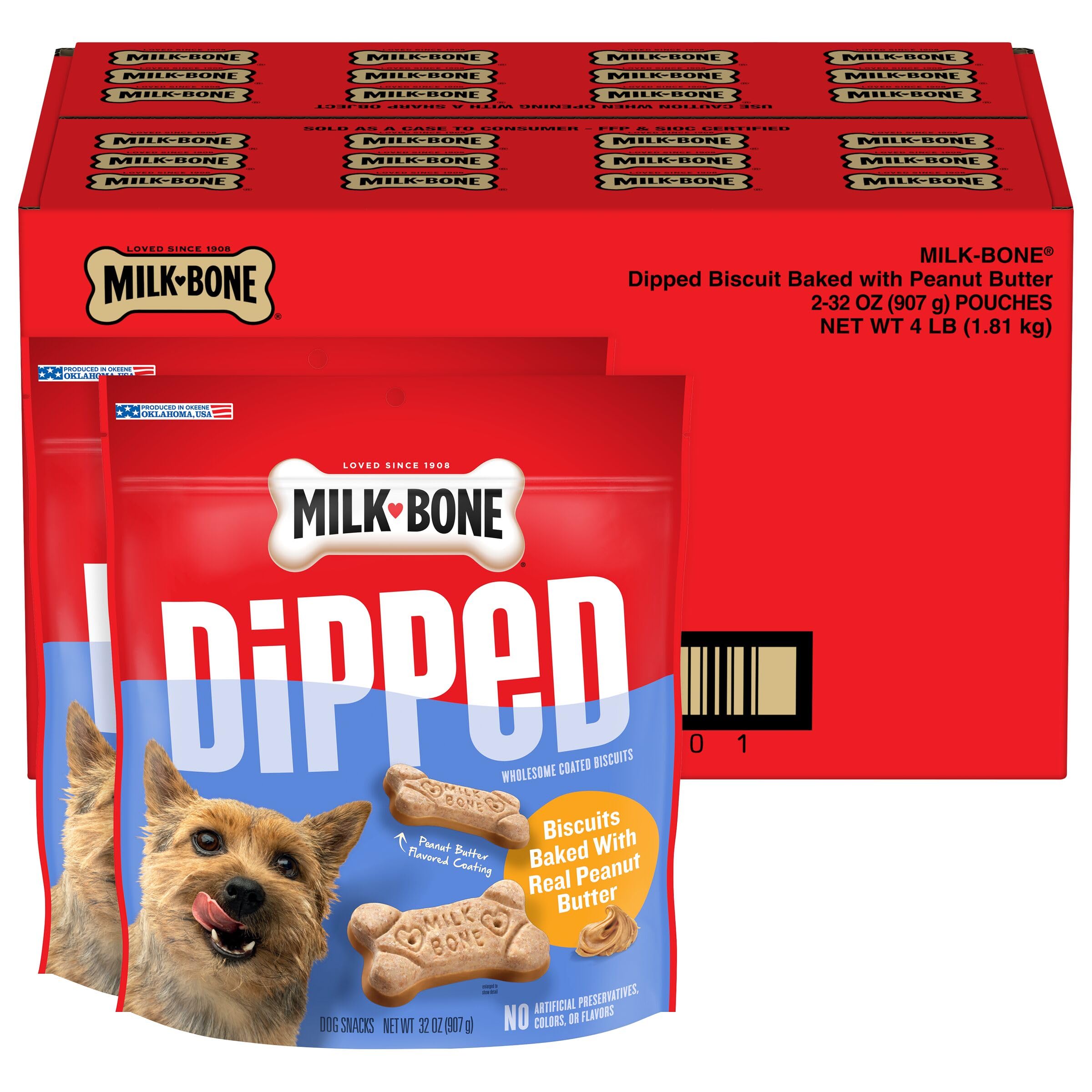 Milk-Bone galletas para perro con mantequilla de cacahuate, crujientes y sabrosas.