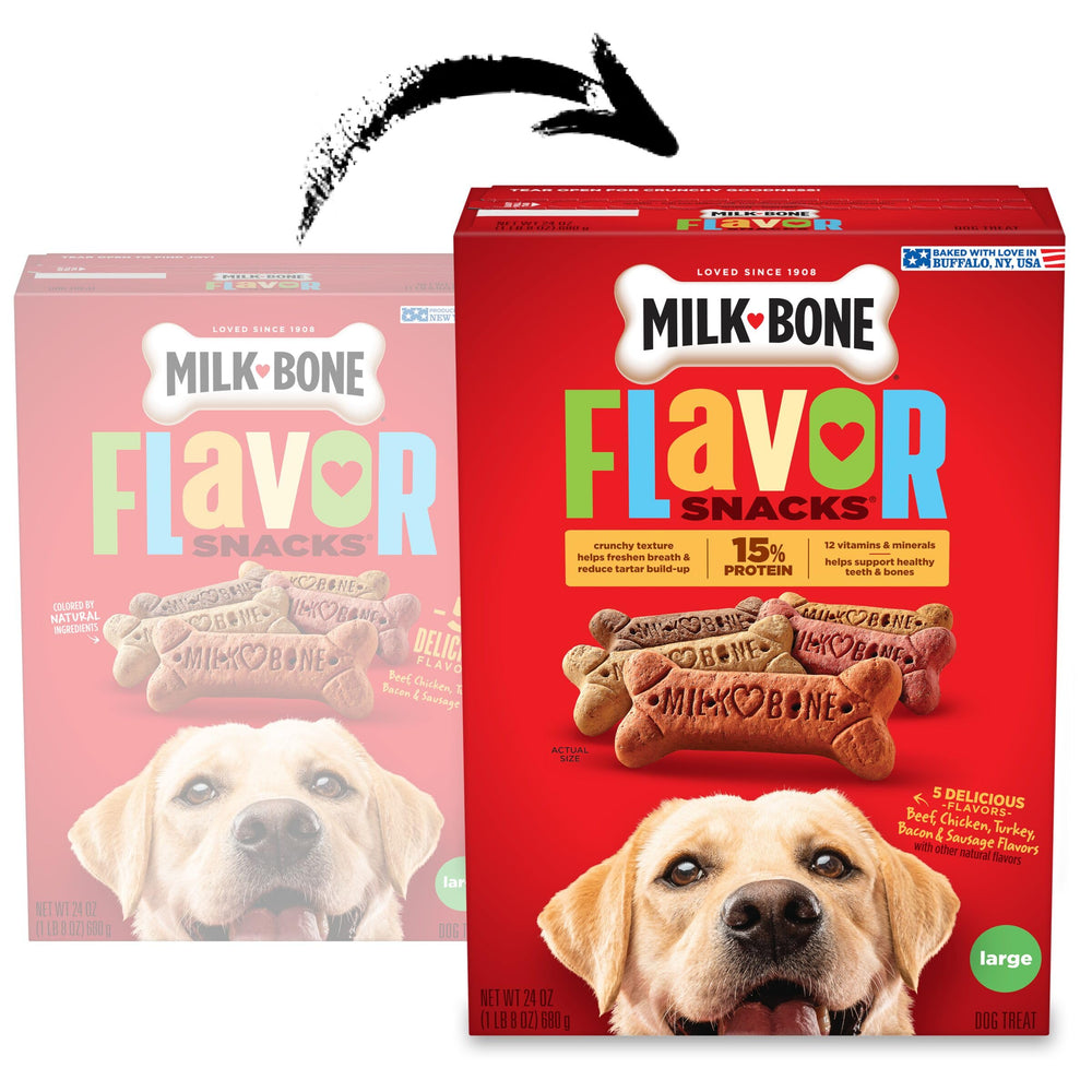 Milk-Bone galletas sabor pollo para perros grandes, crujientes y sabrosas para el snack diario.