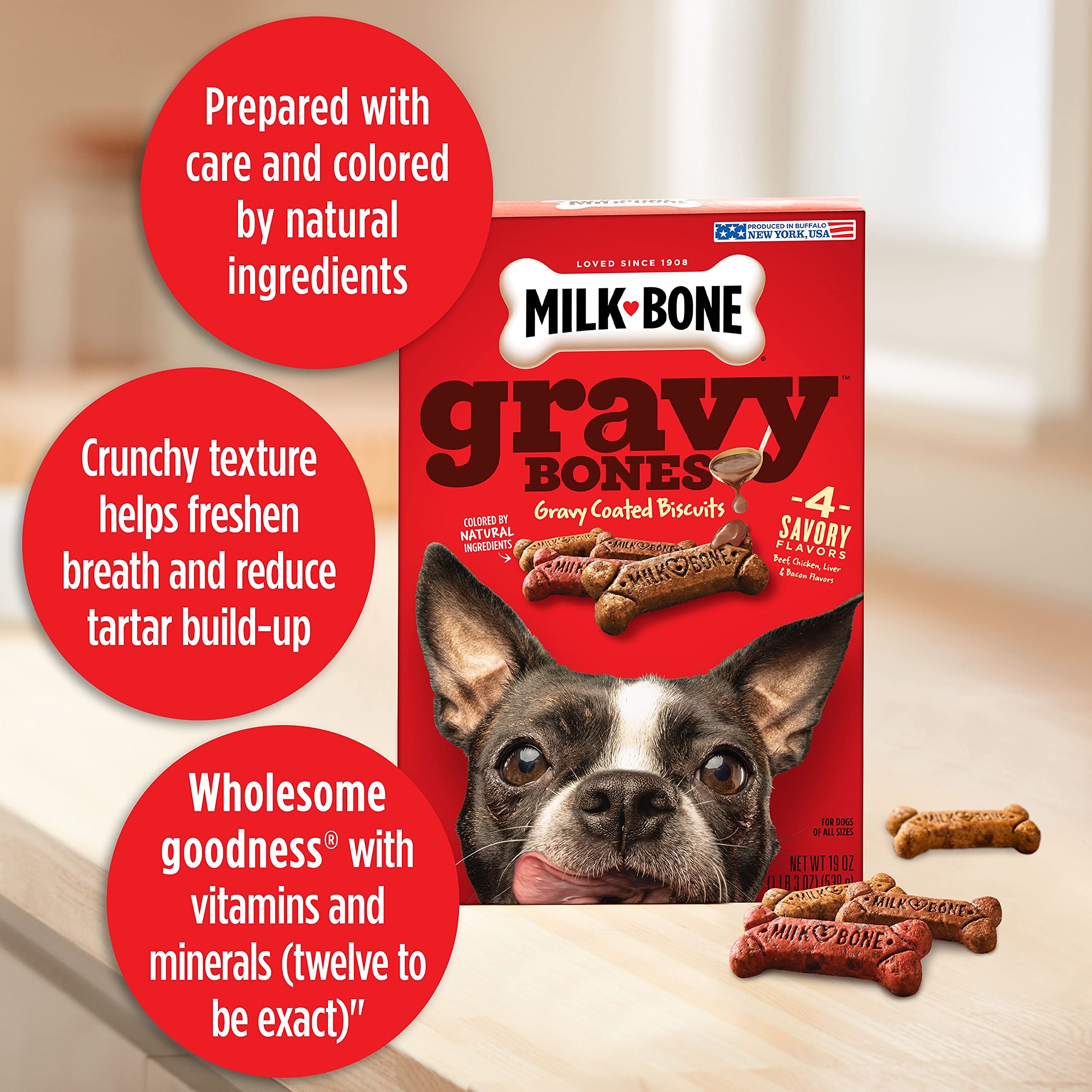 Milk-Bone Gravy Bones textura crujiente ayuda a refrescar el aliento.