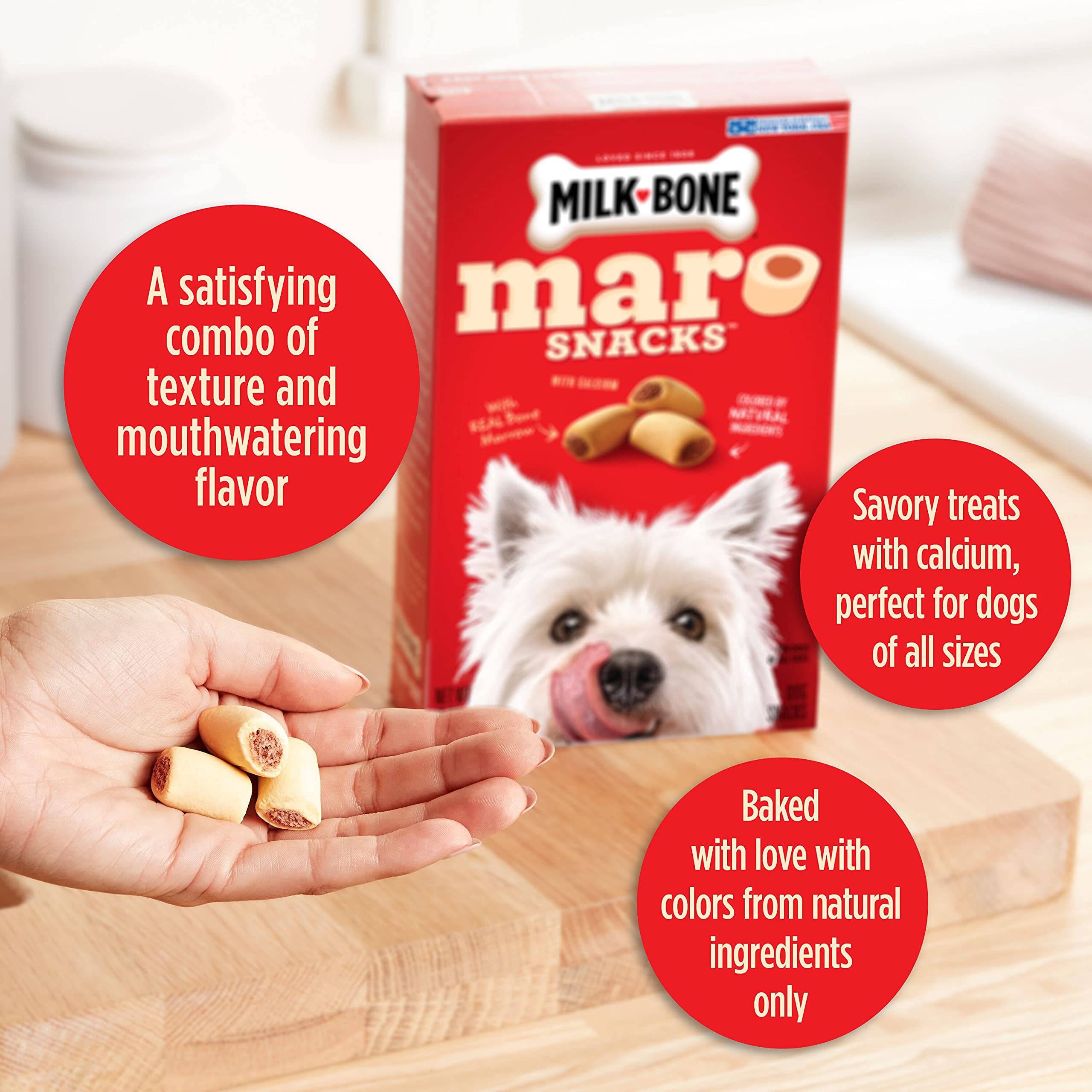 Milk-Bone MaroSnacks: 10 calorías por porción, ideal para recompensas.