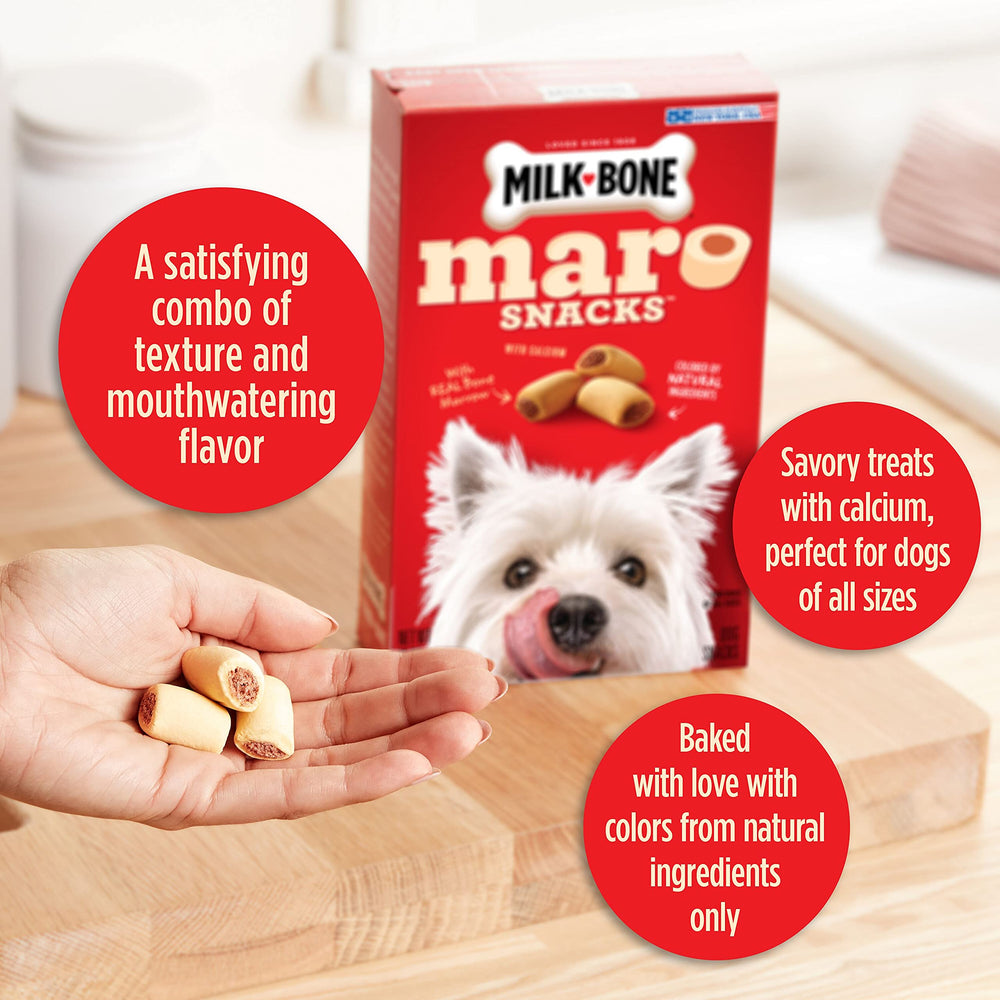 Milk-Bone MaroSnacks: 10 calorías por porción, ideal para recompensas.