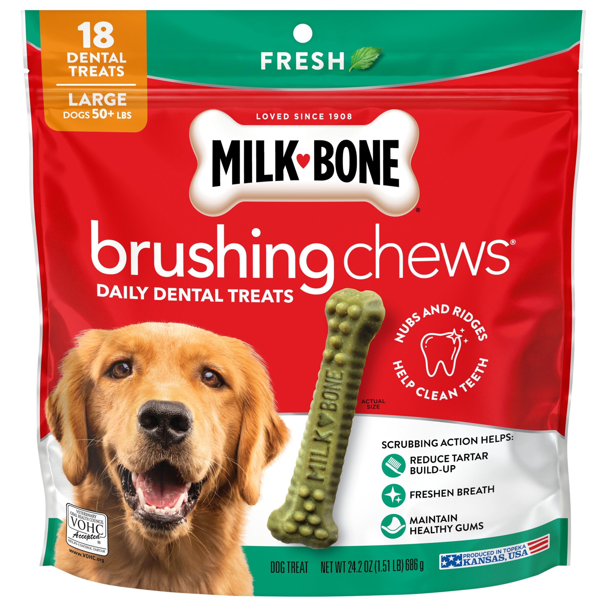 Milk-Bone masticables dentales para perro grande, frente del empaque, limpieza diaria.