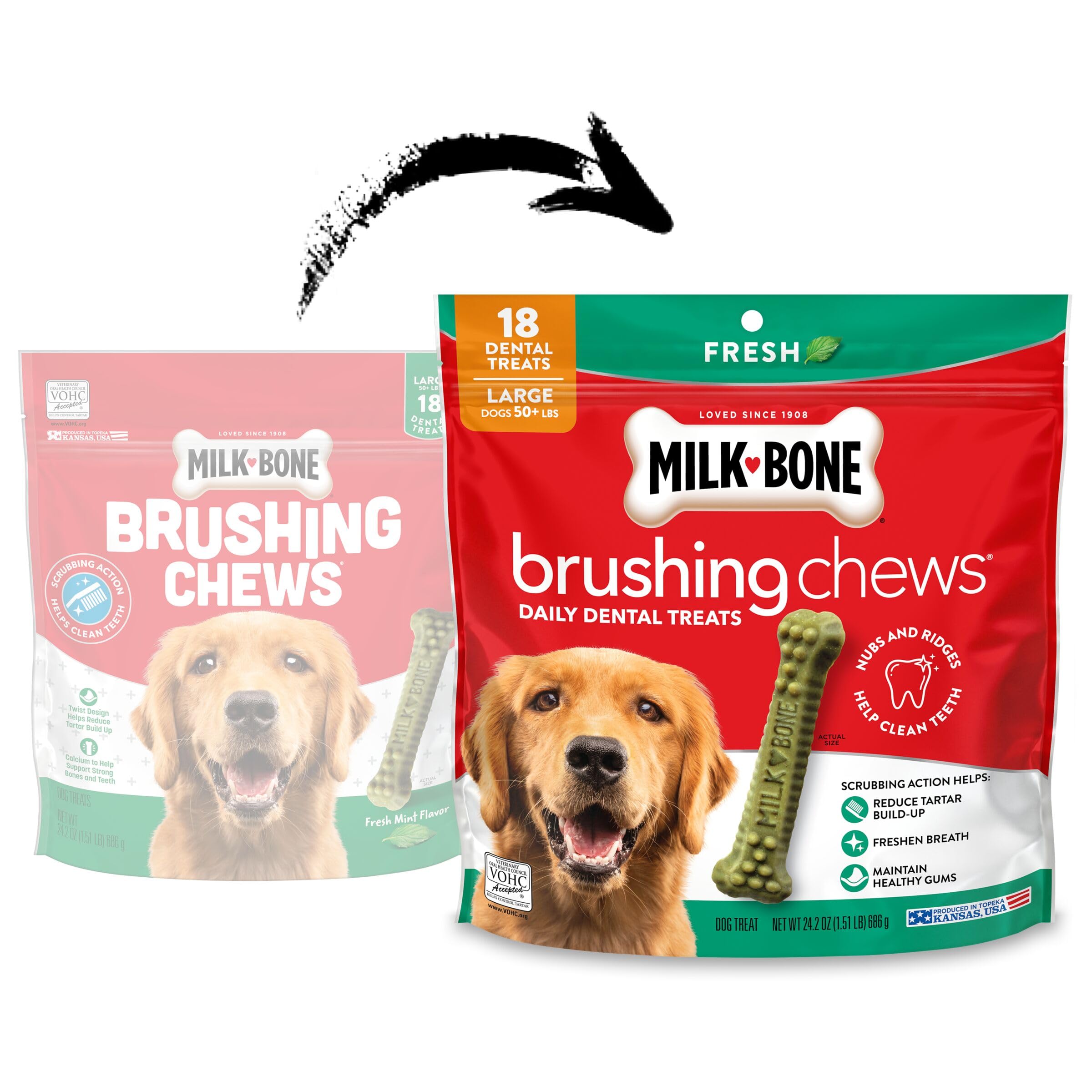 Milk-Bone masticables dentales para perro grande dentro de la bolsa.