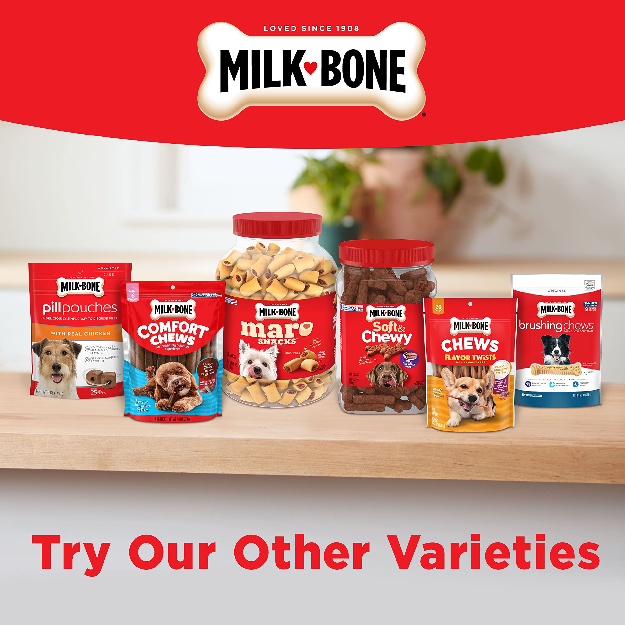 Milk-Bone Mini Comfort Chews cinco bolsas de 7.4 onzas.