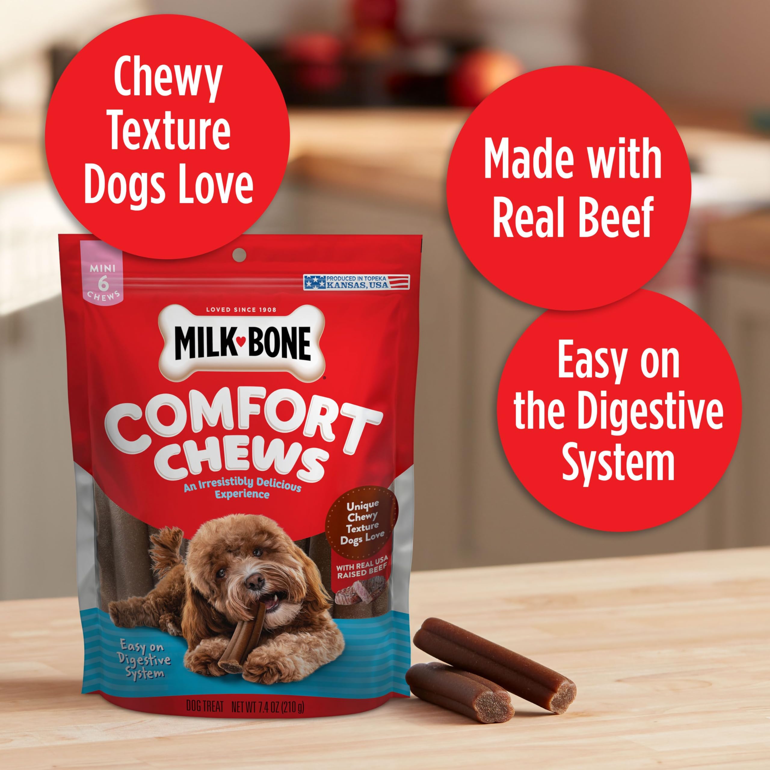 Milk-Bone Mini Comfort Chews de tamaño mini, perfecto para perros pequeños.