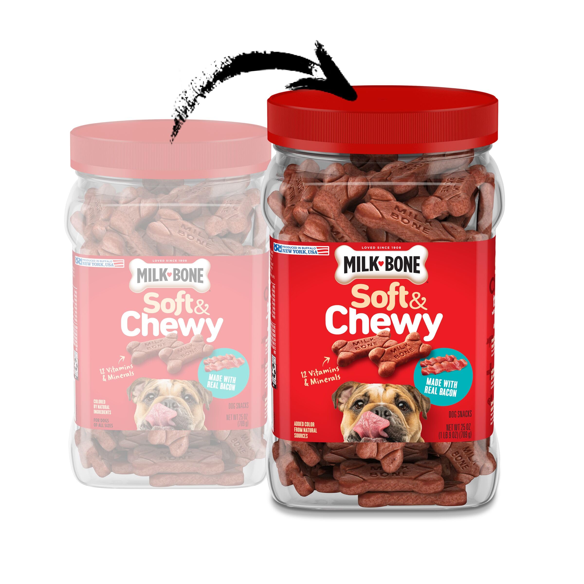 Milk-Bone Soft & Chewy bacon close-up highlights tender bite ideal for all sizes