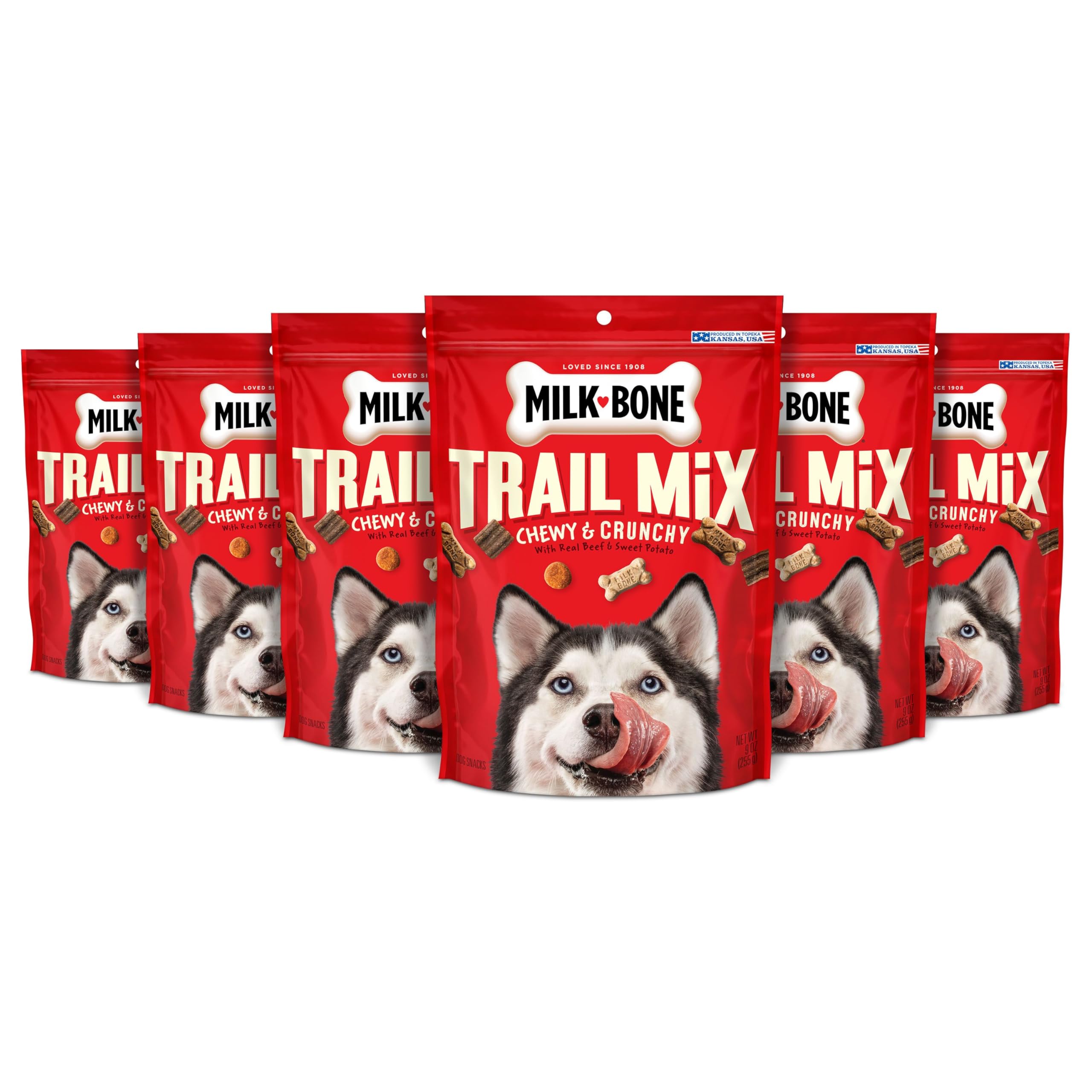 Milk-Bone Trail Mix seis bolsas de 9 oz, ideal para recompensas diarias.