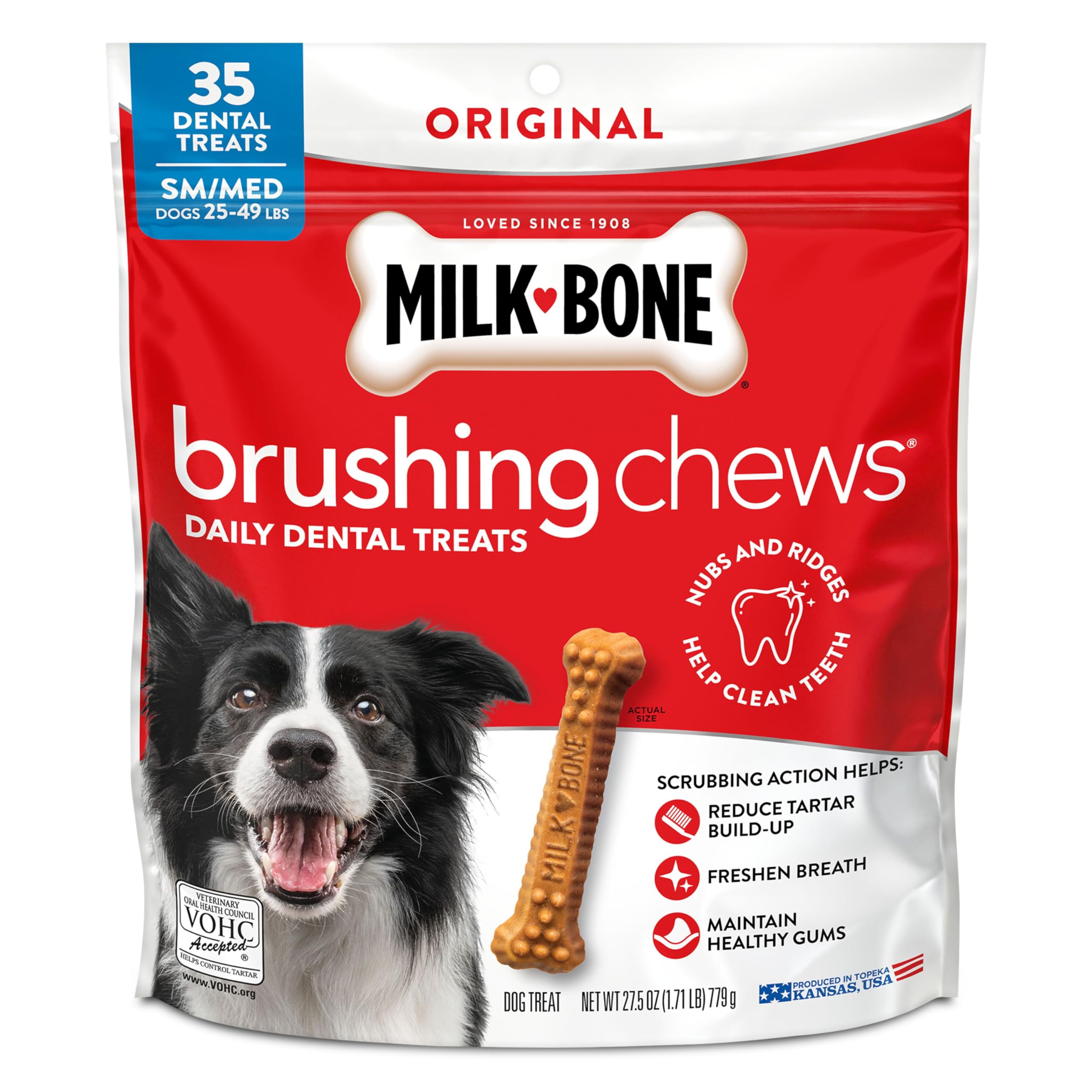 Milk-Bone Golosinas Cepillantes Original Pollo, empaque de 27,5 oz, ayuda a refrescar el aliento.