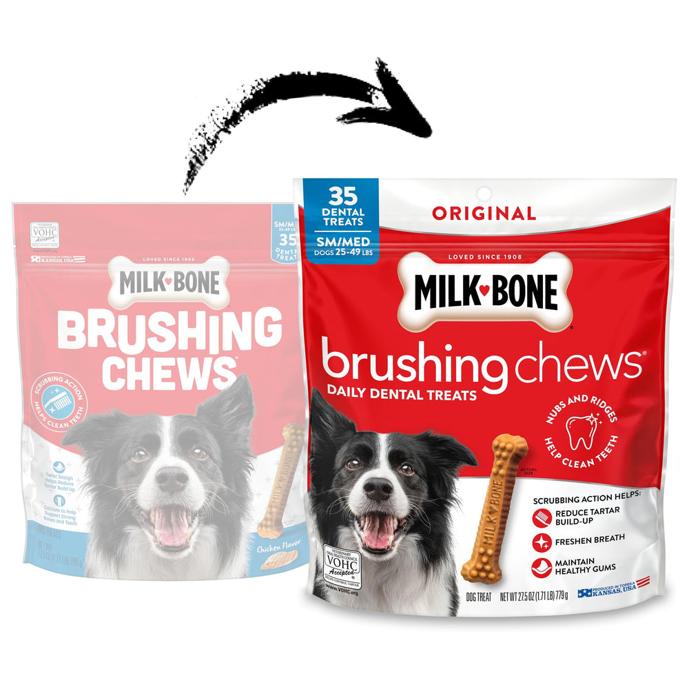 Milk-Bone Golosinas Cepillantes Original Pollo con nubs y crestas para limpiar dientes.