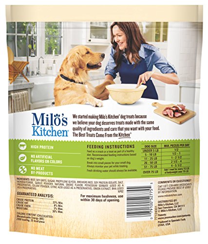Milo's Kitchen salchichas de res con arroz, porción ideal para activar su ejercicio.