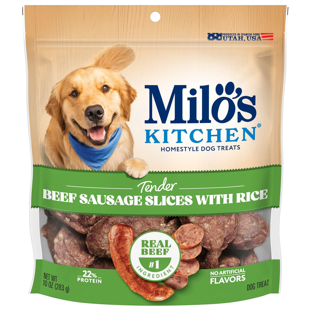Milo’s Kitchen tiras de salchicha de res con arroz, snack sabroso para premiar durante el entrenamiento