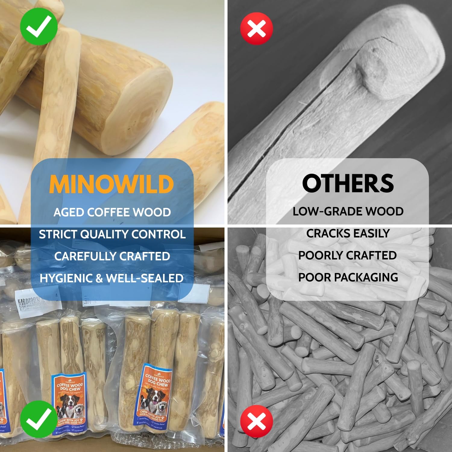 MINOWILD conjunto triple, mordedores de café en madera, ahorro y rotación.