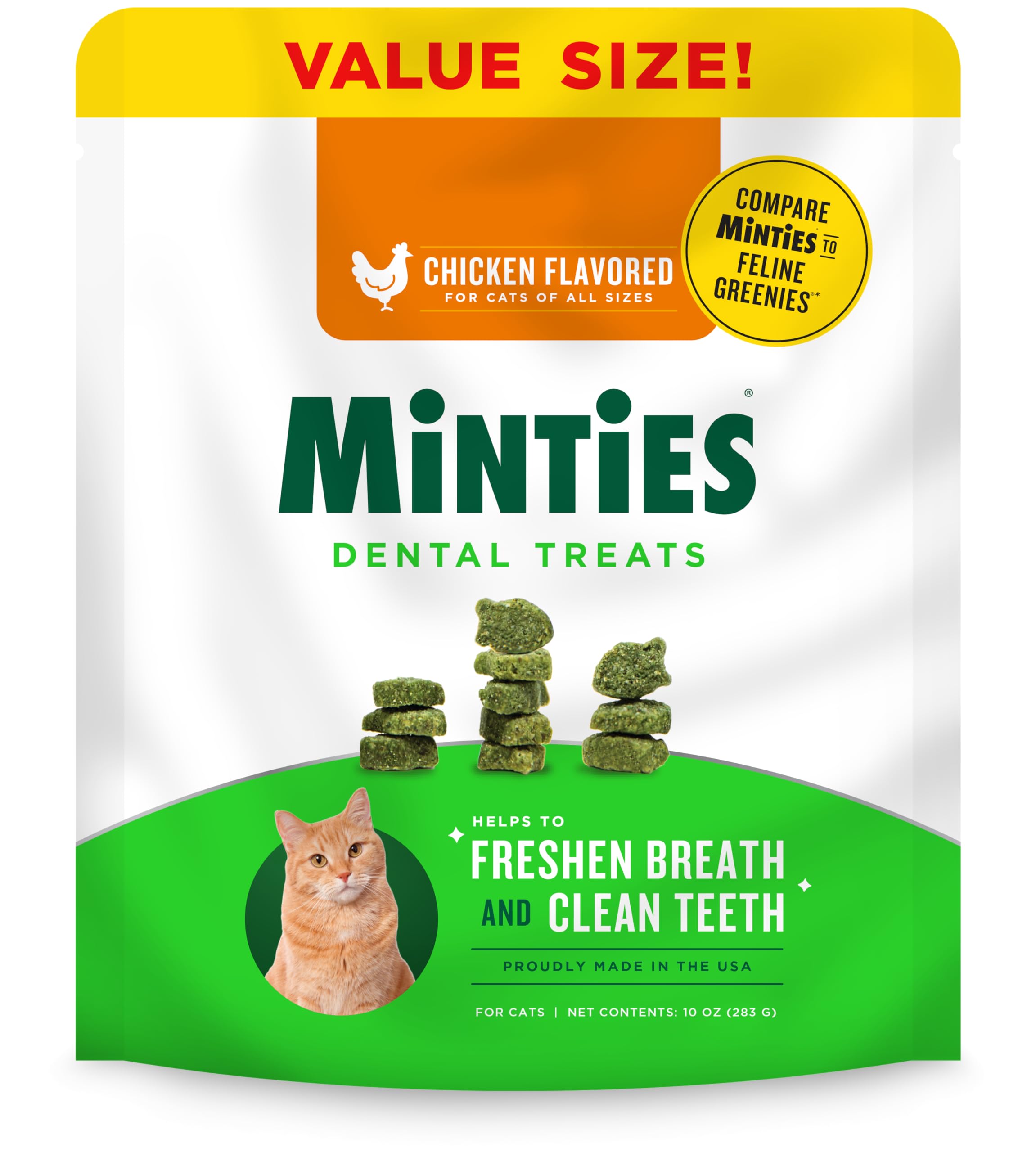 Minties cat dental treats in chicken flavor packaging for easy daily dental care