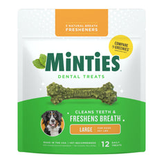 Minties empaque dental para perros grandes, listo para impulsar la higiene bucal diaria.