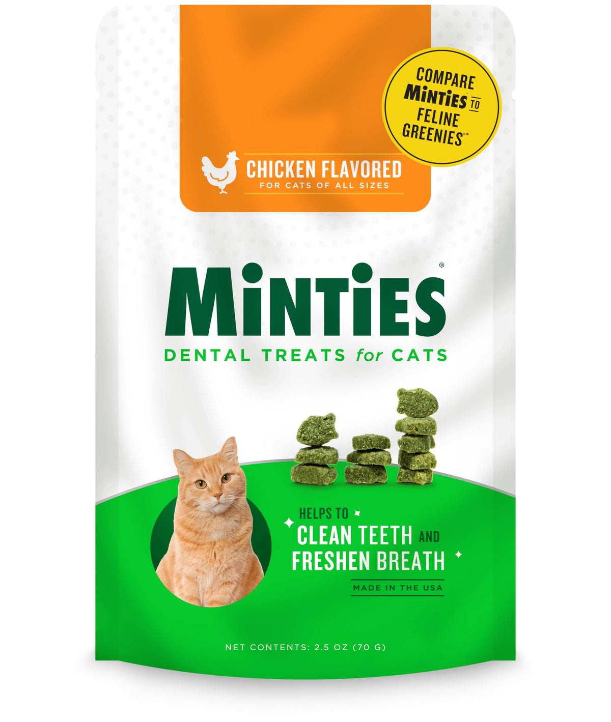 Minties tratamientos dentales para gatos con sabor pollo, presentación lista para uso diario.