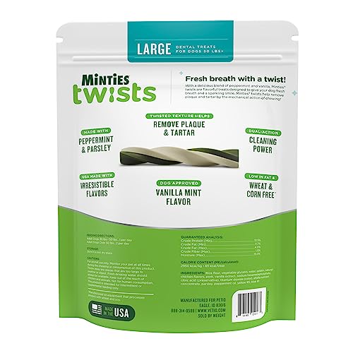 Minties Twists, sabor mentha y vainilla, refresca el aliento del perro.