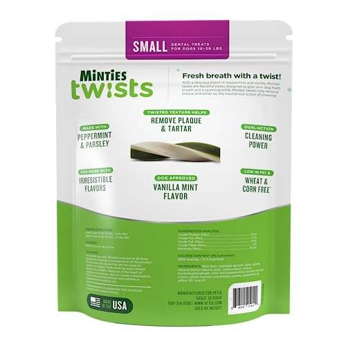 Minties Twists VetIQ hueso dental para perros pequeños, fomenta masticación saludable.