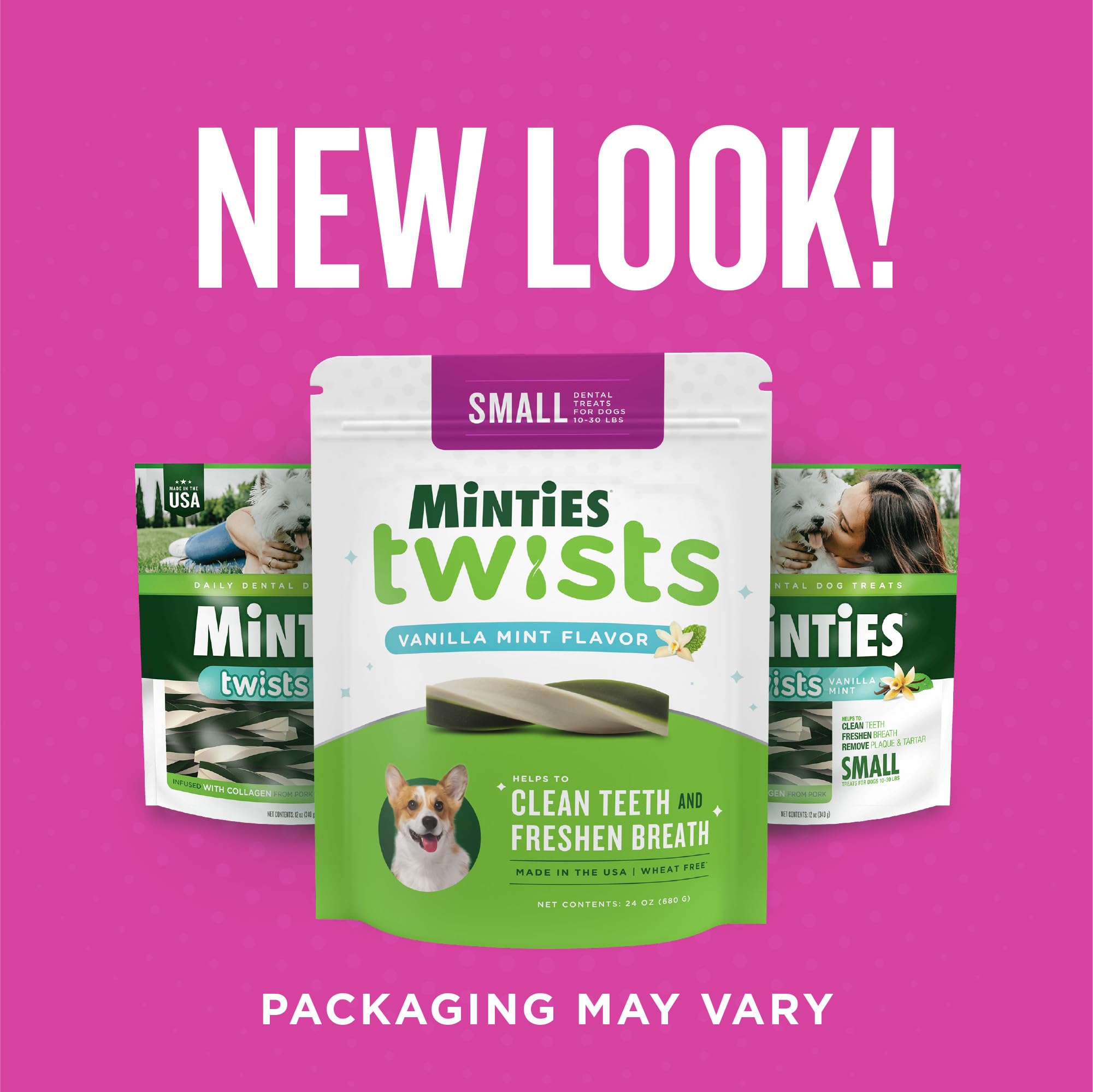 Minties Twists VetIQ etiqueta sin gluten, adecuada para dietas sensibles.