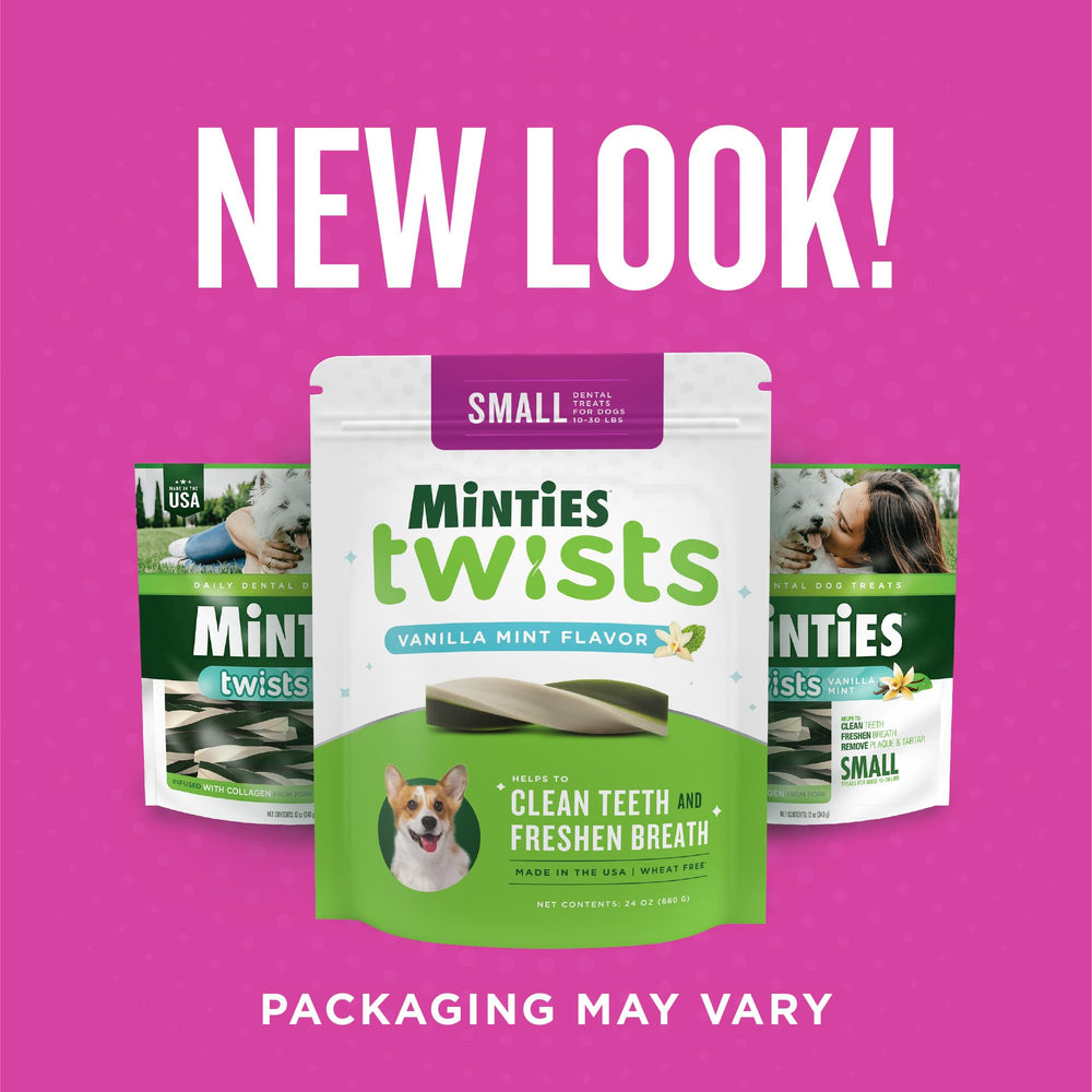 Minties Twists VetIQ etiqueta sin gluten, adecuada para dietas sensibles.